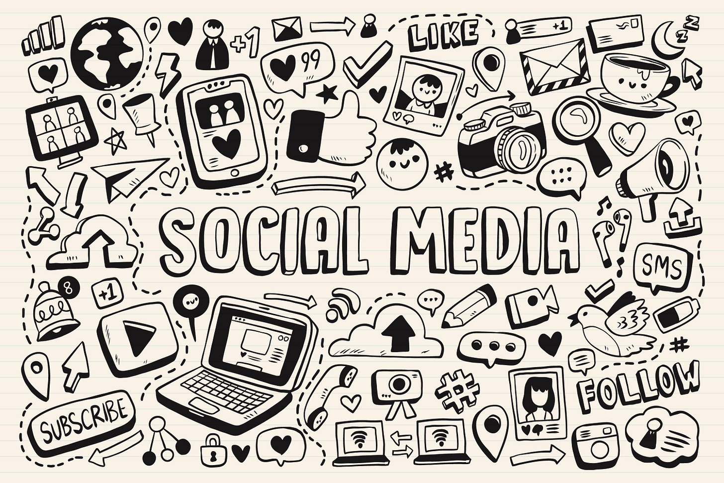 A collage of hand drawn social media related things like icons, computers, a globe, avatars, etc. all surrounding the words "social media"