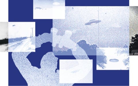 Collage of a man watching the sky through binoculars and various shots of UFOs