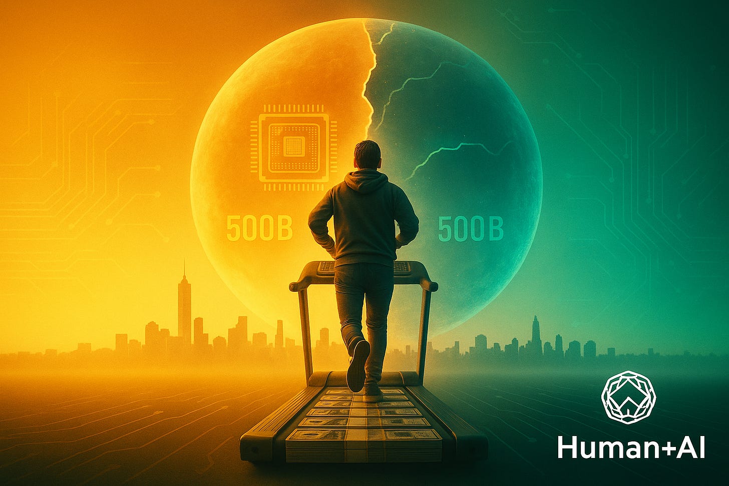 A man runs on a treadmill towards a bubble