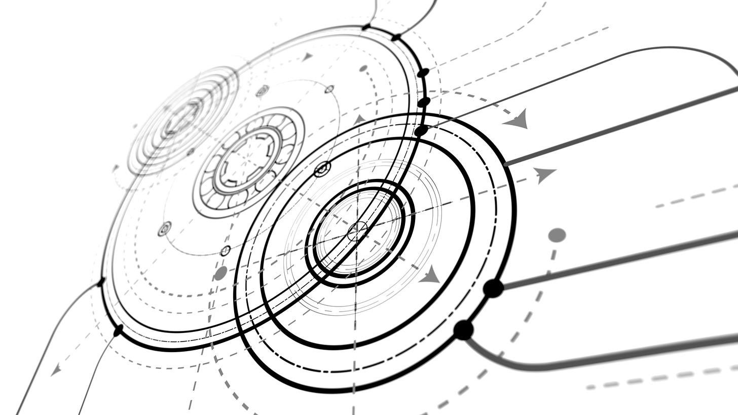 Curved blueprint diagram with system lines and circular nodes.