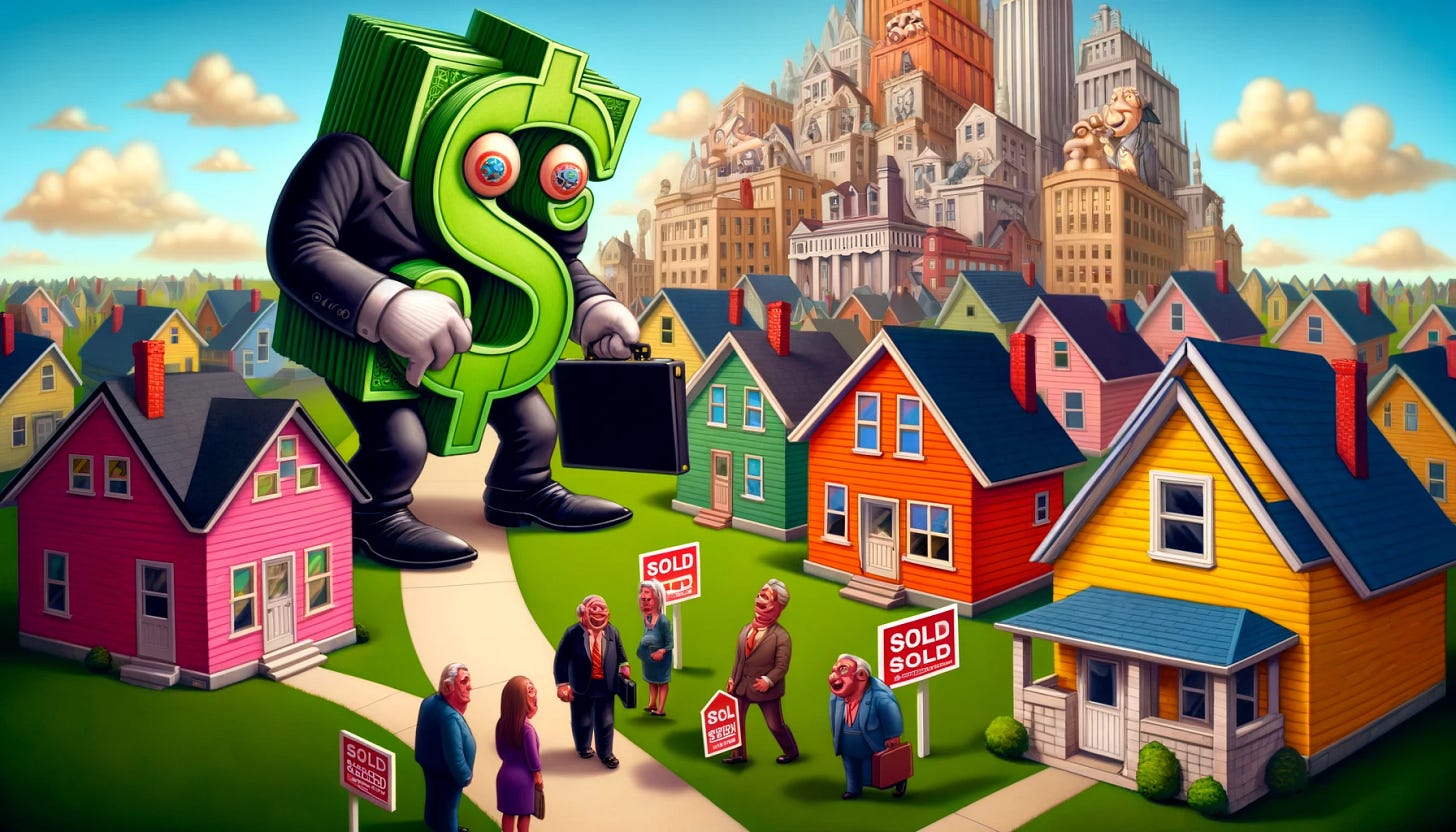 A low-angle cartoon scene of a suburban neighborhood with vibrant houses and green lawns. Anthropomorphic dollar bills in business suits and carrying briefcases are eagerly buying up entire rows of houses, holding deeds and contracts. Neighbors look on in shock and confusion as 'Sold' signs with dollar symbols are placed in front of the houses. In the background, a towering, cartoonish Wall Street building with eyes and a mouth watches the scene with a smug expression. The scene is lively, colorful, and exaggerated.