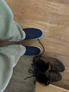 New Ecco slip-onc with my faithful Merrill hiking boot at right. Split size shoes are hard to find.