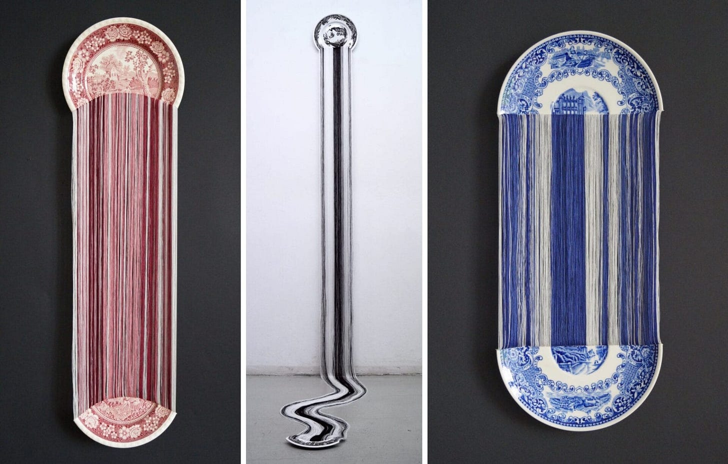 three images of red, black and white, and blue and white threads emerging from porcelain plates