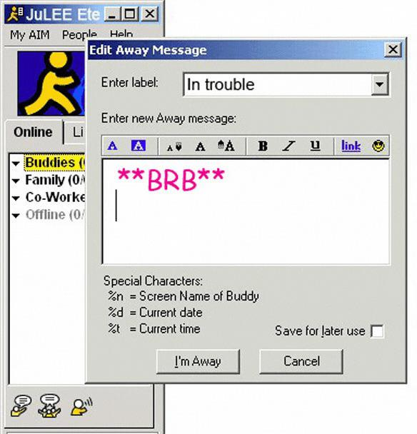 AIM away messages 🍭 : r/90s_kid