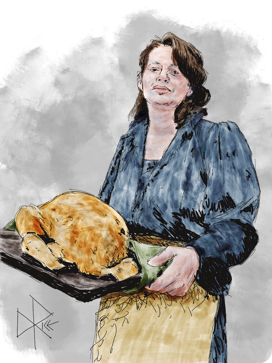 A woman in a blue dress and a yellow apron, using fabric pot holders as she transports a properly cooked turkey on a hot pan. Sketch art by Don Rice. A woman in a blue dress and a yellow apron, using fabric pot holders as she transports a properly cooked turkey on a hot pan. Sketch art by Don Rice.