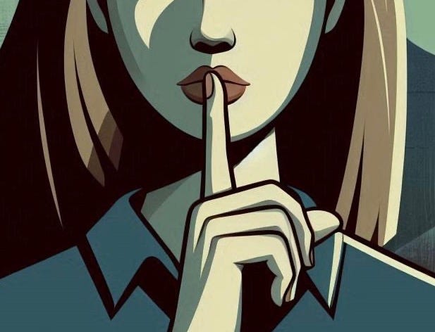 A comic representation of a woman holding a finger to her mouth, signaling silence or secrecy A comic representation of a woman holding a finger to her mouth, signaling silence or secrecy