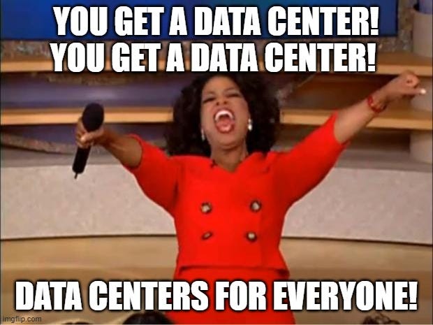 Oprah Winfrey meme shouting “data centers for everyone,” illustrating the AI data center construction boom powering Sterling Infrastructure’s growth; STRL stock analysis and investment thesis context.