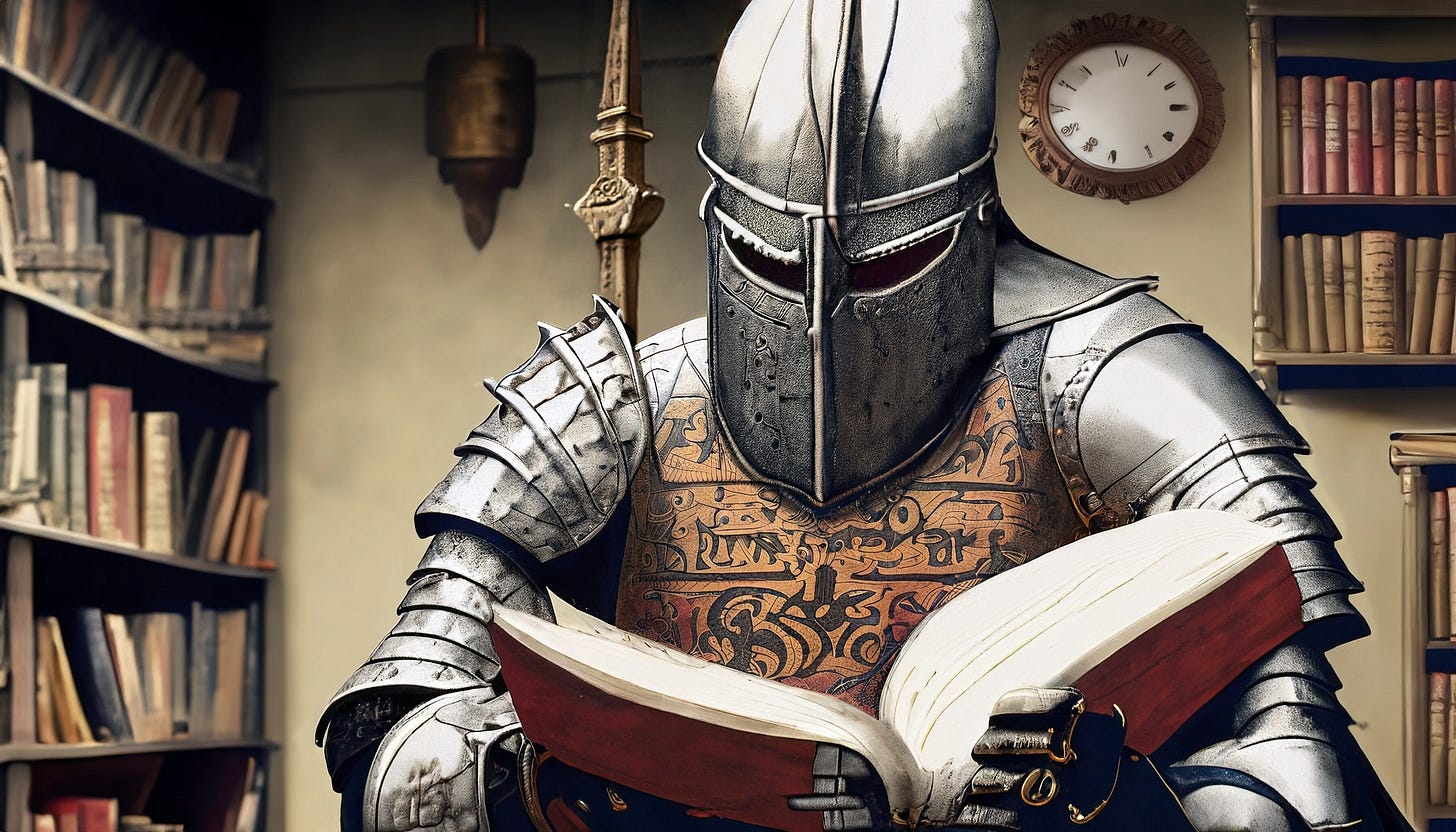 Color image of a knight in armor consulting a large reference book in a library.