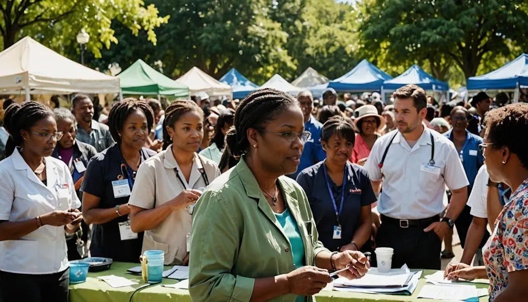 Community Health Education Initiative: Bringing Residents Together to Promote Wellness A varied group of individuals from various racial and ethnic backgrounds are taking part in a community health fair, where they are receiving health screenings and information from healthcare professionals.