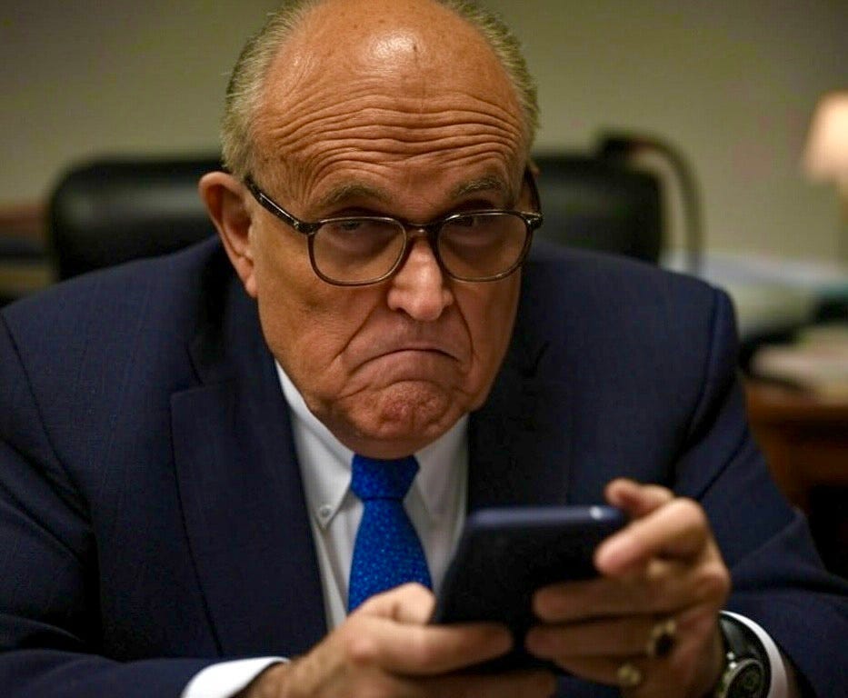 Image of Rudy Giuliani vehemently struggling to figure out Facebook / generated by author with Grok