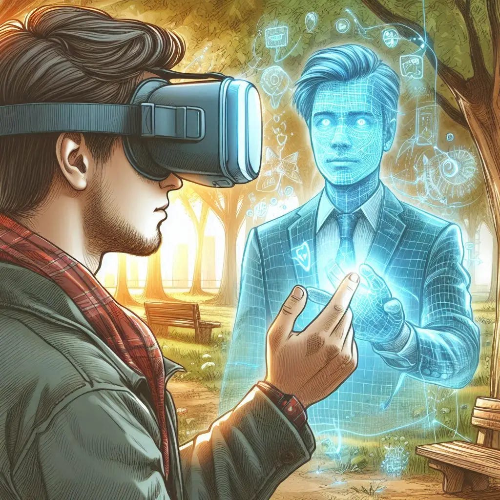 young man looking at holographic dad through VR goggles, park, sci-fi drawing