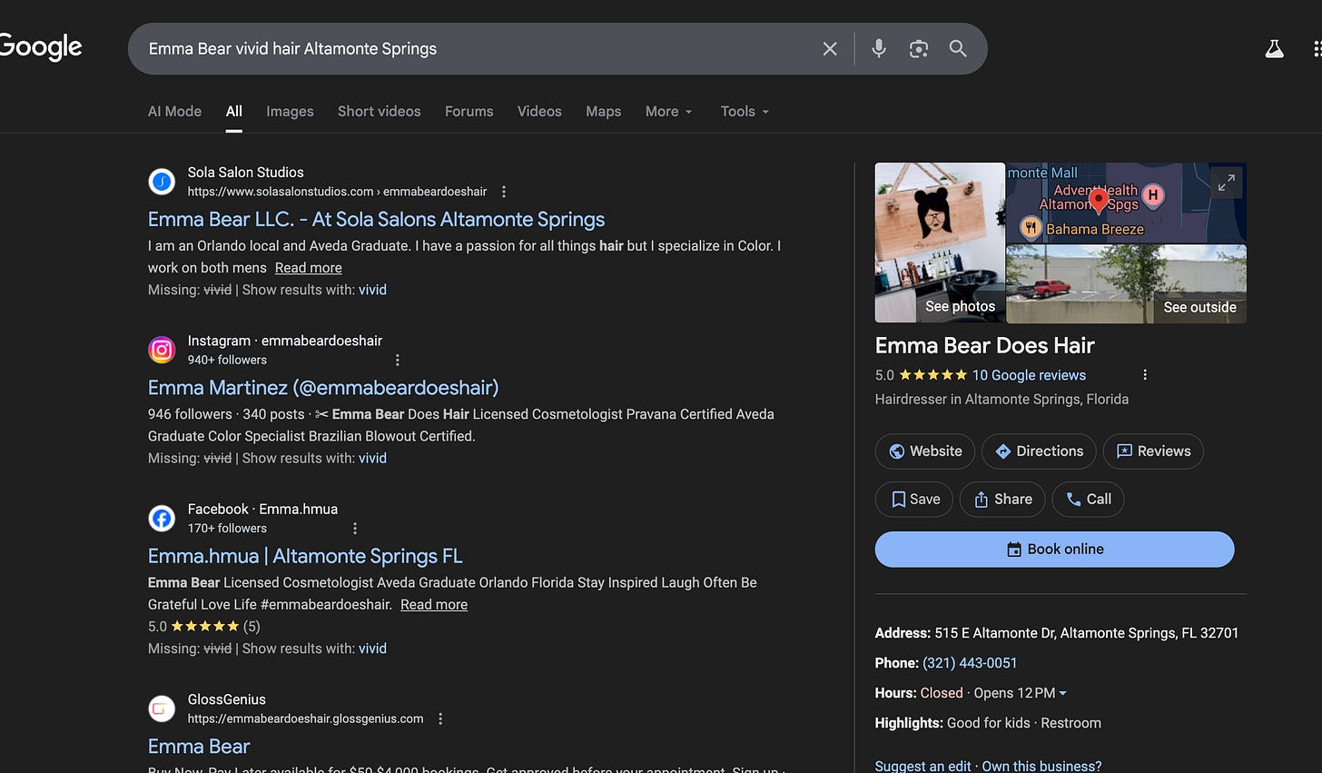 Google search results for Emma Bear vivid hair Altamonte Springs showing her Sola profile, Instagram, GlossGenius, and 5-star reviews