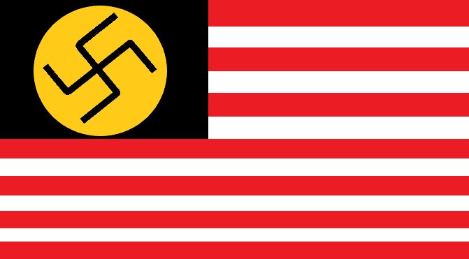 U.S. flag bastardization with black field where the stars would normally be containing a large orange circle with a swastika in it.