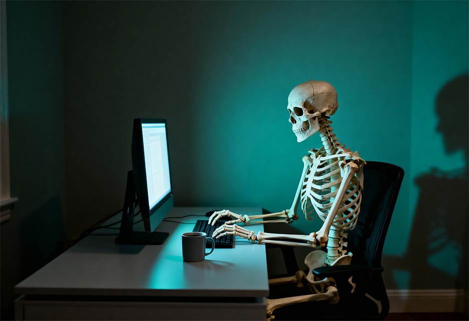 A skeleton sitting at a desk working on a computer

AI-generated content may be incorrect.