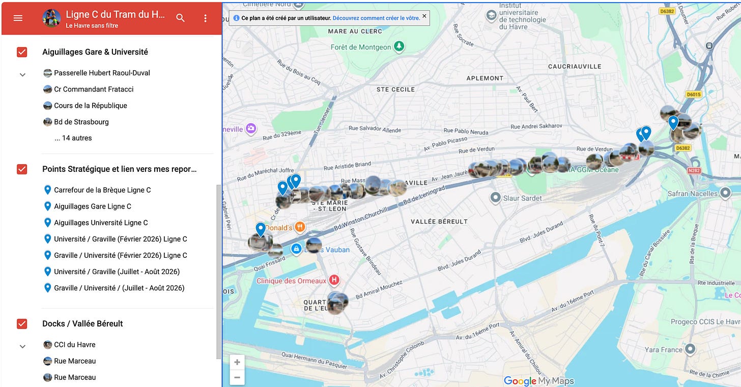 Carte interactive géolocalisée montrant les photos du chantier de la Ligne C du tramway du Havre. Carte interactive géolocalisée montrant les photos du chantier de la Ligne C du tramway du Havre.