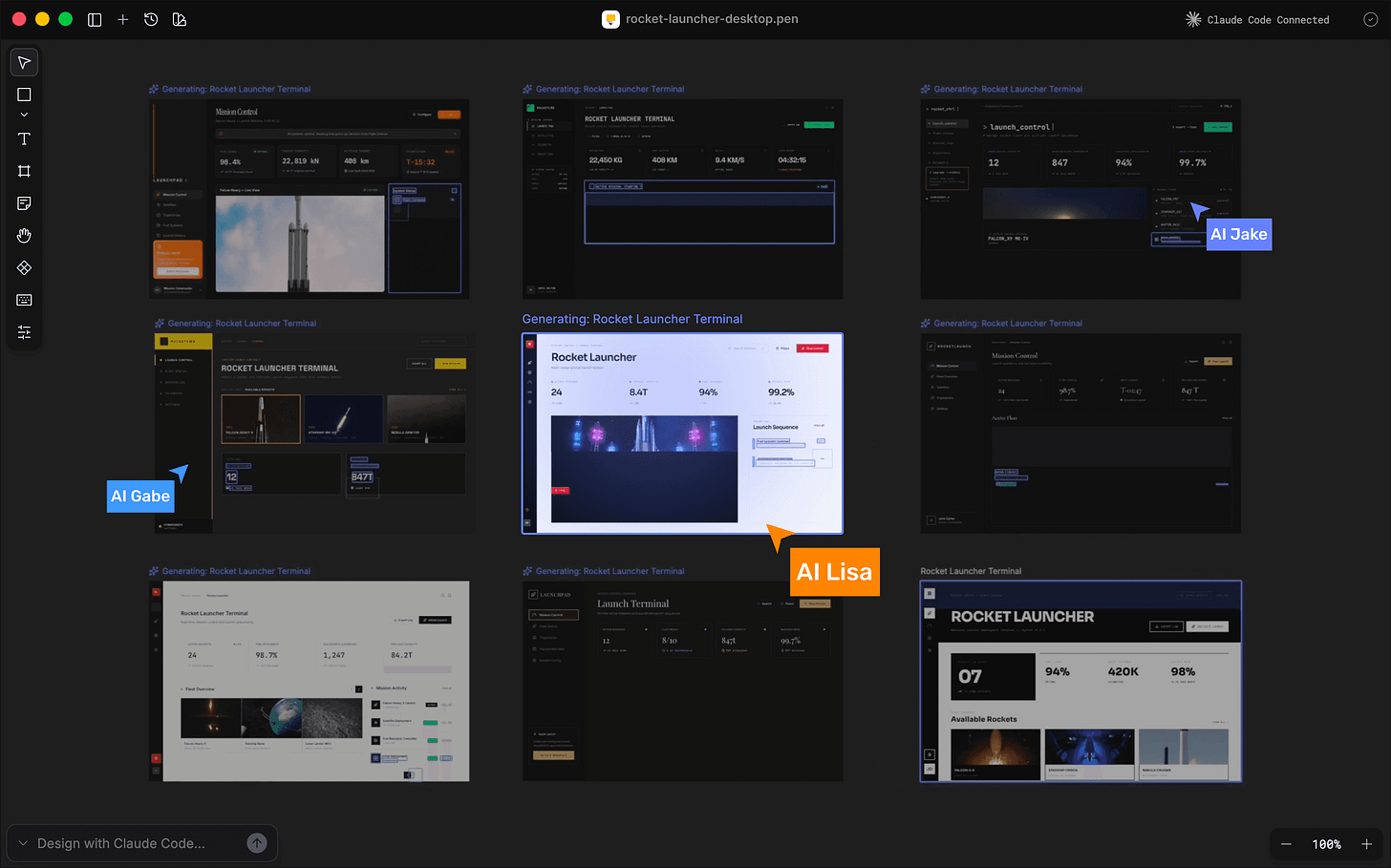 AI Multiplayer interface showing parallel design generation