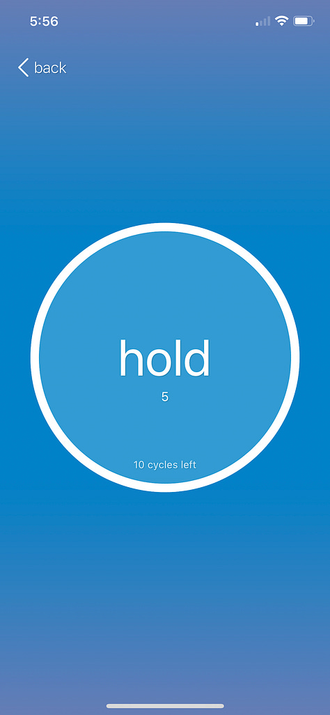Screenshots of the inhale, hold, and exhale screens from the iBreathe app