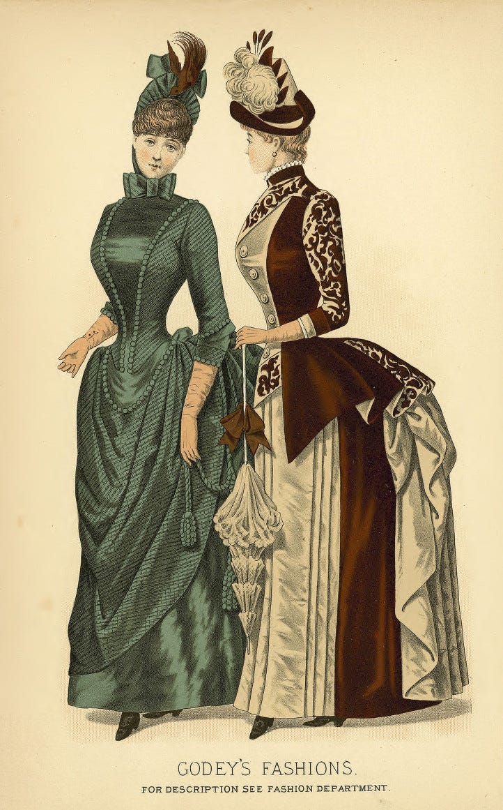 Illustration of two American women in 1886 day dresses