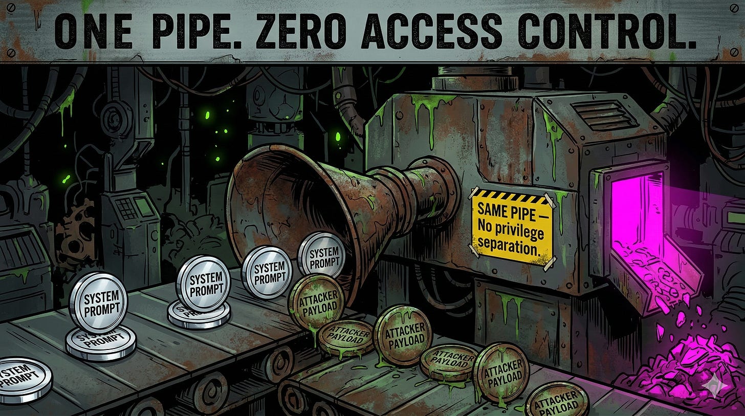 Instruction-data conflation LLM vulnerability system prompt attacker payload same attention mechanism no privilege separation DAN prompt jailbreak bypass