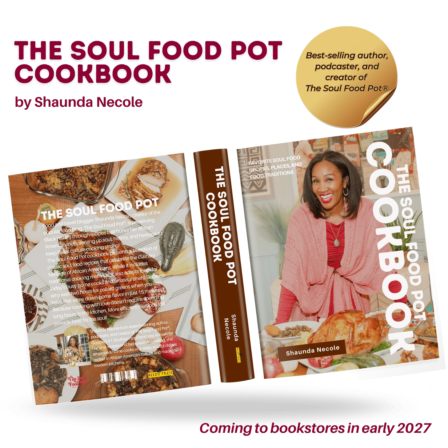 The Soul Food Pot Cookbook by Shaunda Necole featuring modern soul food recipes rooted in African American culinary traditions, with cover and back design preview and “coming to bookstores in early 2027” announcement