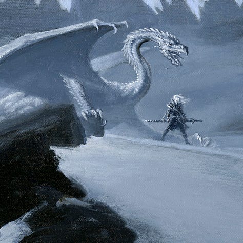 LEFT: Detail from ELRIC AND THE COLD DRAKE featuring Elric standing on a snow covered hill with an enormous white dragon. Its serpentine neck is coiled in an "S" as its jaw part in a hiss to reveal its long slender tongue. CENTER: Close detail from ELRIC AND THE COLD DRAKE featuring skulls half buried in snow from the foreground of the painting. RIGHT: Close detail from ELRIC AND THE COLD DRAKE featuring a tighter view of Elric with windswept hair. He is dressed in black with silver accents. He grasps Stormbringer in its sheather slung slung at waist heigh behind his back.