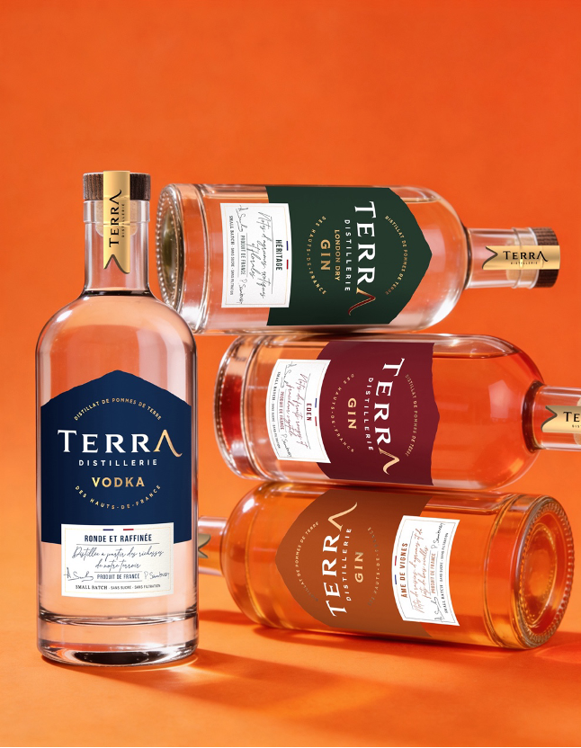 Collection complète des bouteilles de la gamme premium Terra : vodka et trois gins (Héritage, Eden, Âme des vignes) en bouteilles de verre