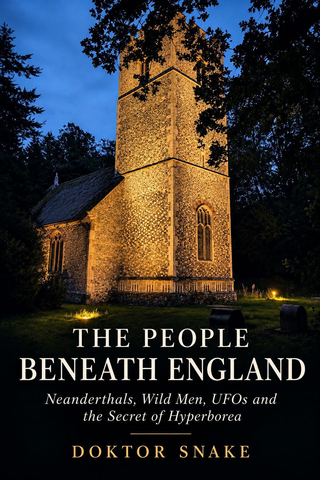 The People Beneath England book cover: Santon Downham church tower at twilight The People Beneath England book cover: Santon Downham church tower at twilight