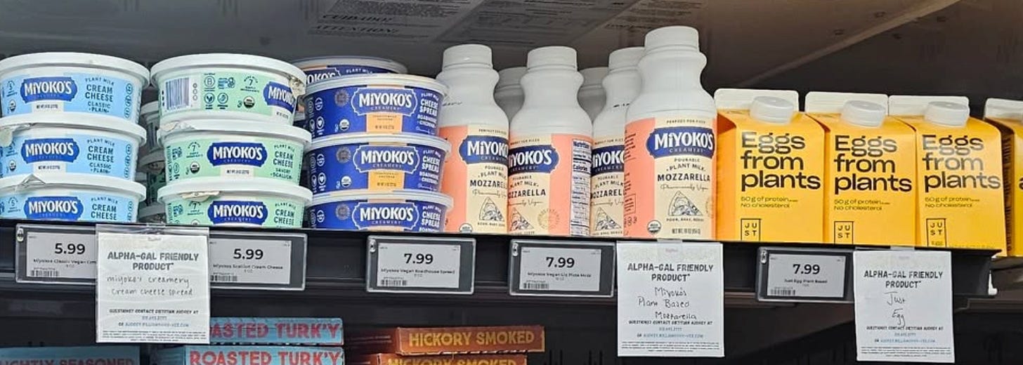Alpha-gal friendly "cream cheese" and "egg yolks" on a supermarket shelf. Alpha-gal friendly "cream cheese" and "egg yolks" on a supermarket shelf.