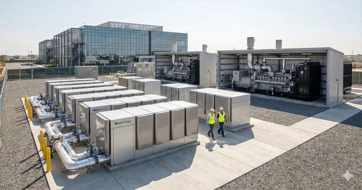 Modern data center campus with onsite power generation next to aging electrical grid infrastructure, showing contrast between self-powered facilities and grid bottleneck Modern data center campus with onsite power generation next to aging electrical grid infrastructure, showing contrast between self-powered facilities and grid bottleneck