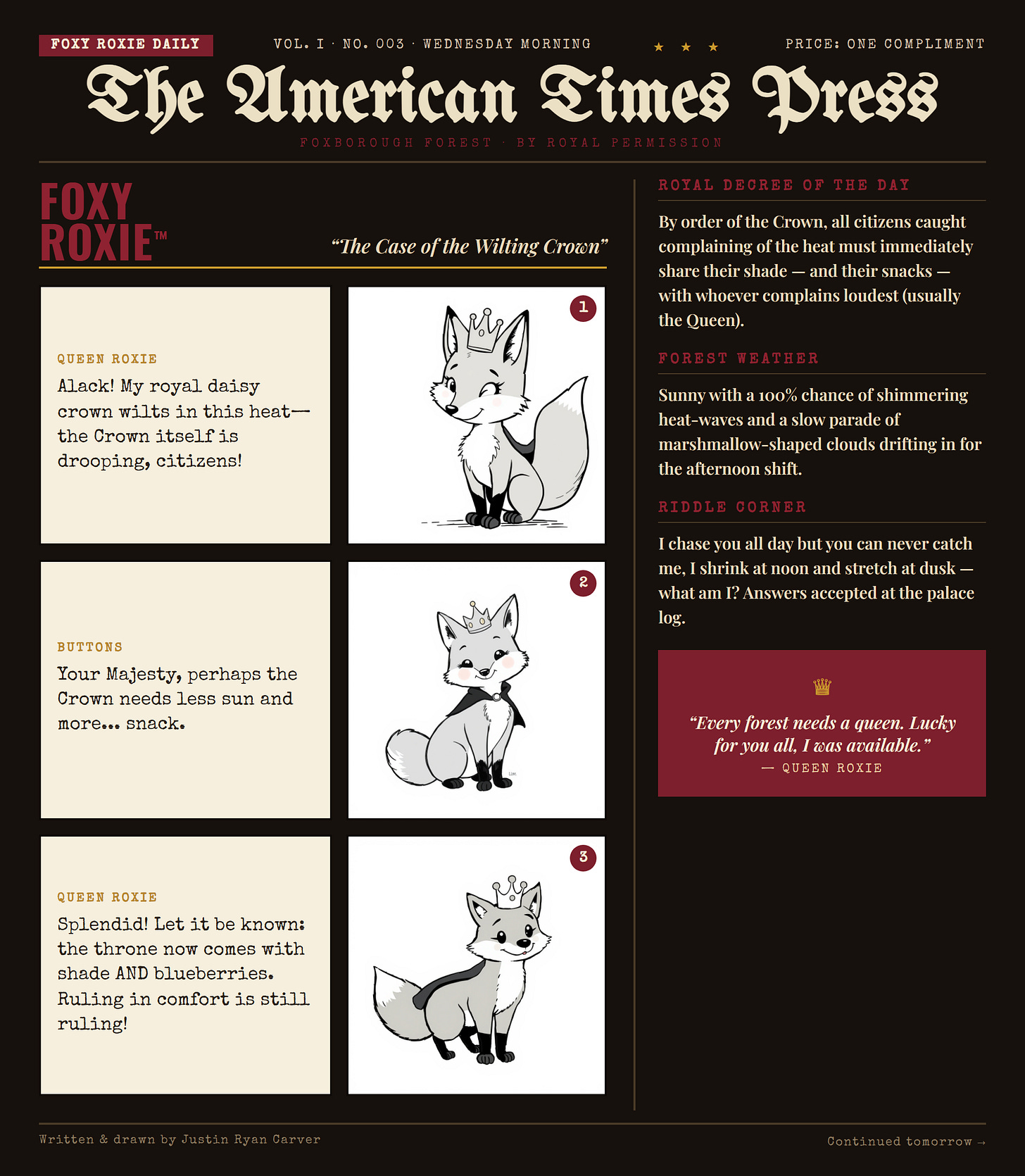 Foxy Roxie comic strip: The Case of the Wilting Crown