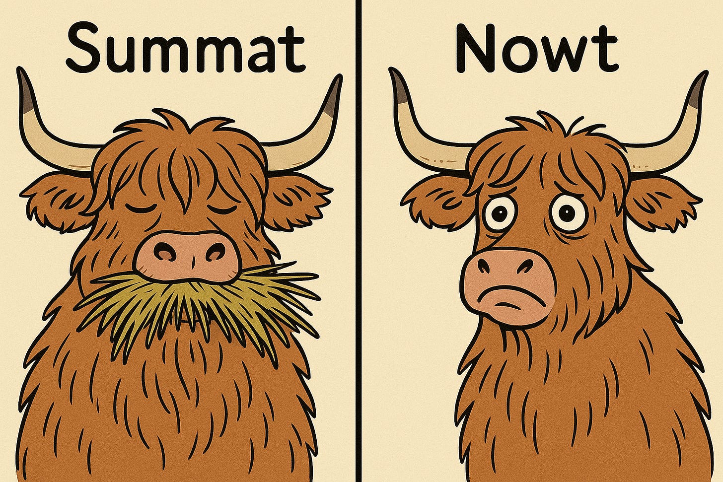 Two cartoon Highland cows side-by-side. One is chewing a generous mouthful of hay, eyes half-lidded in bliss. The other cow stares enviously, mouth empty, eyes wide with longing. Labels read “Summat” (for the hay-filled cow) and “Nowt” (for the hungry one).