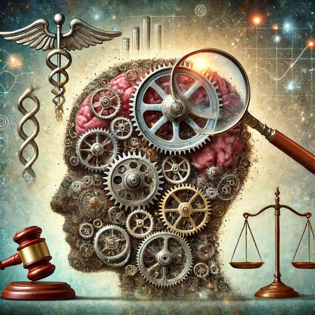 A conceptual image that represents the complexity and fallibility of expert opinion. The image features a human brain made of interlocking gears, some gears malfunctioning, symbolizing cognitive biases and errors. Surrounding the brain are various symbols of expertise, such as a stethoscope (medicine), a gavel (law), and a microscope (science). Some of these symbols appear cracked or worn, representing the imperfections in each field. A magnifying glass hovers over the brain, symbolizing skepticism and critical thinking, casting light on the malfunctioning gears. The background is abstract, with soft, blurry shapes representing uncertainty and the unknown.