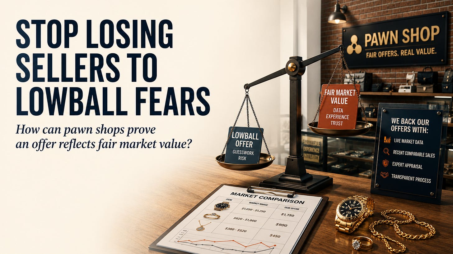 Editorial image for “Stop Losing Sellers to Lowball Fears,” showing a pawn shop counter with a balance scale comparing a lowball offer with fair market value, alongside market data, appraisal information, watches, and gold jewelry. Editorial image for “Stop Losing Sellers to Lowball Fears,” showing a pawn shop counter with a balance scale comparing a lowball offer with fair market value, alongside market data, appraisal information, watches, and gold jewelry.