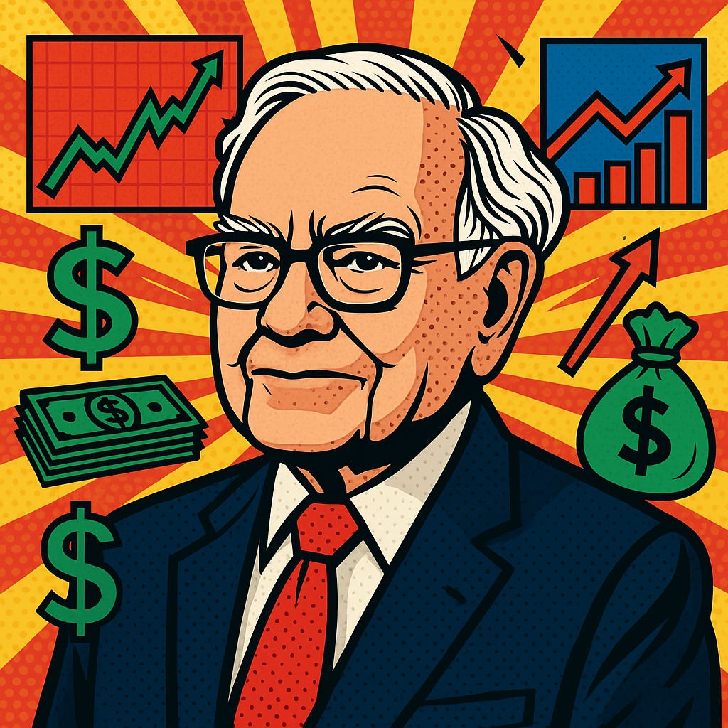 Portrait style pop-art de Warren Buffett avec symboles financiers
