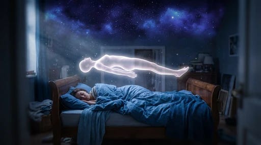 A person dreaming and floating slightly above their bed in a dark, starry room. A person dreaming and floating slightly above their bed in a dark, starry room.