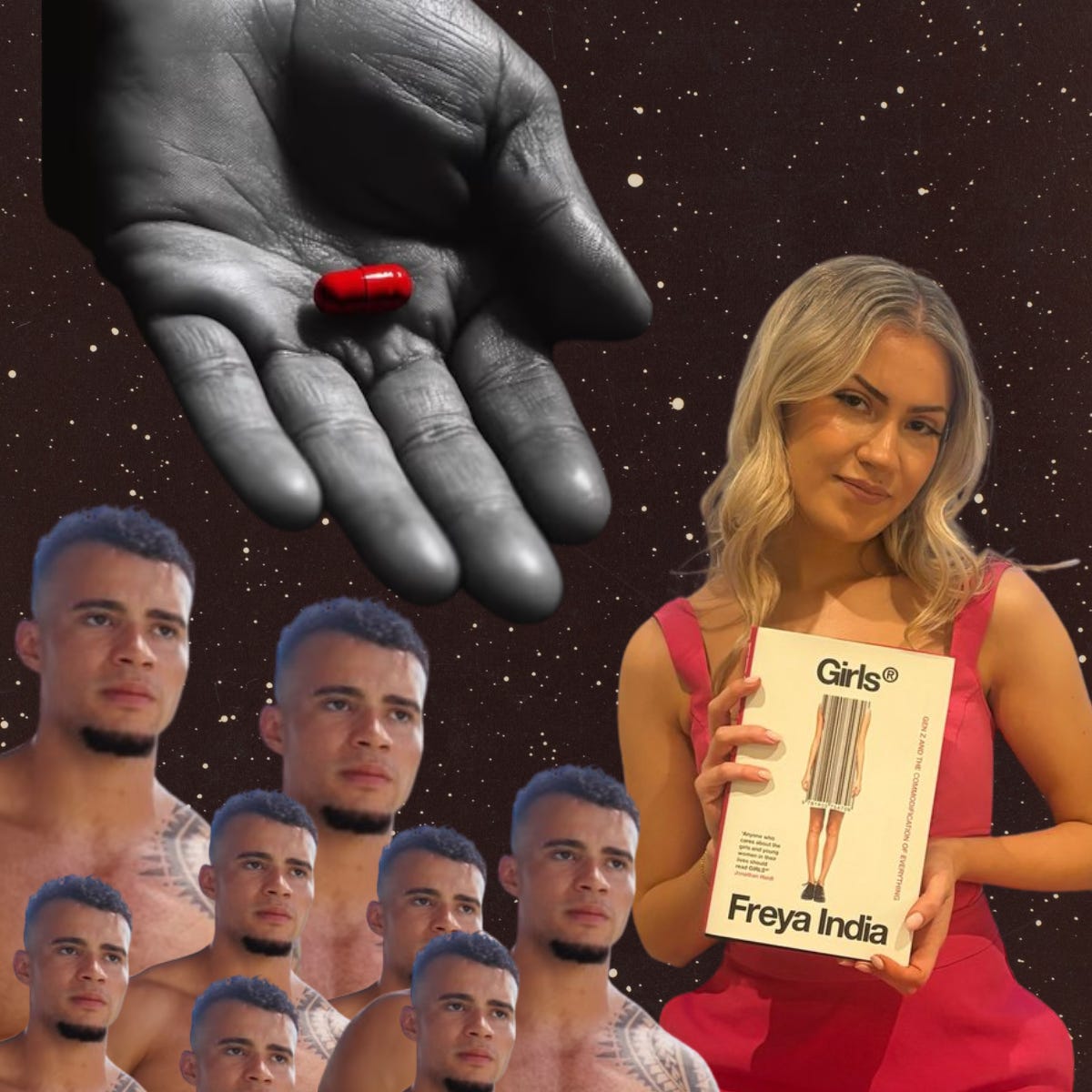 A Canva collage by yours truly in which several copies of the same manosphere influence gaze upon Freya India as she holds her recent book. God's hand bearing the red pill descends from the upper left corner.