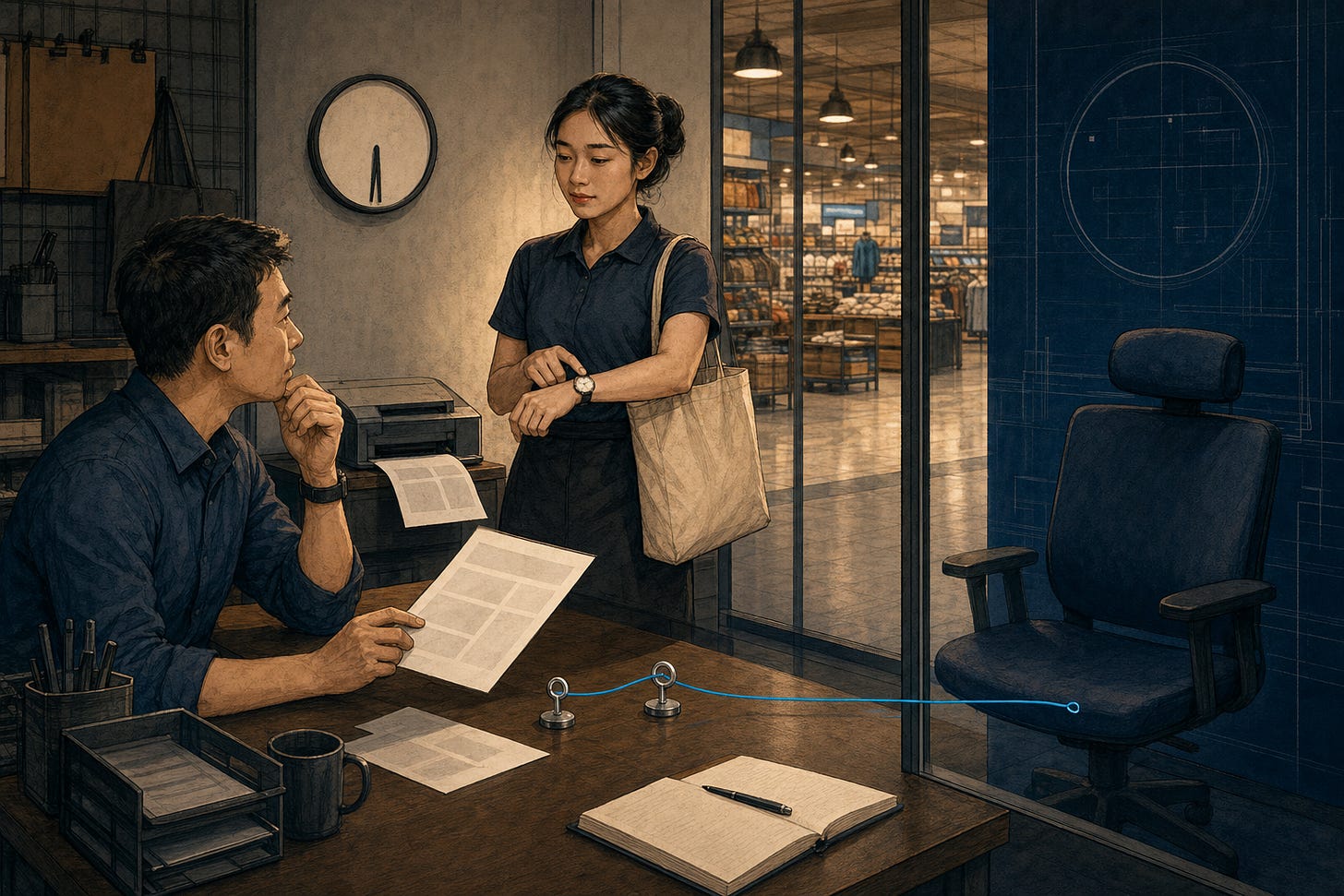Một quản lý cửa hàng và nhân viên cùng nhìn lịch ca tại bàn làm việc; sợi cerulean đi qua hai chốt nhỏ rồi dừng trước chiếc ghế quyền hạn đang bỏ trống.