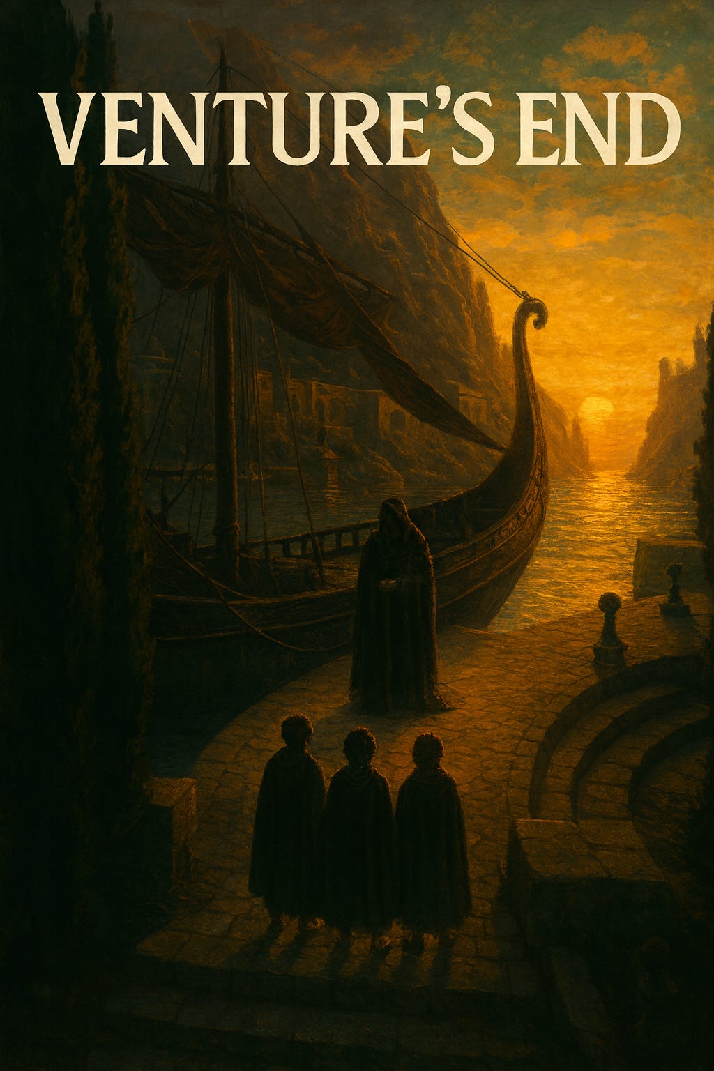 Epic fantasy-style scene showing cloaked figures at sunset before a departing ship, symbolizing the end of an era in venture capital and the transition to a new chapter. Epic fantasy-style scene showing cloaked figures at sunset before a departing ship, symbolizing the end of an era in venture capital and the transition to a new chapter.