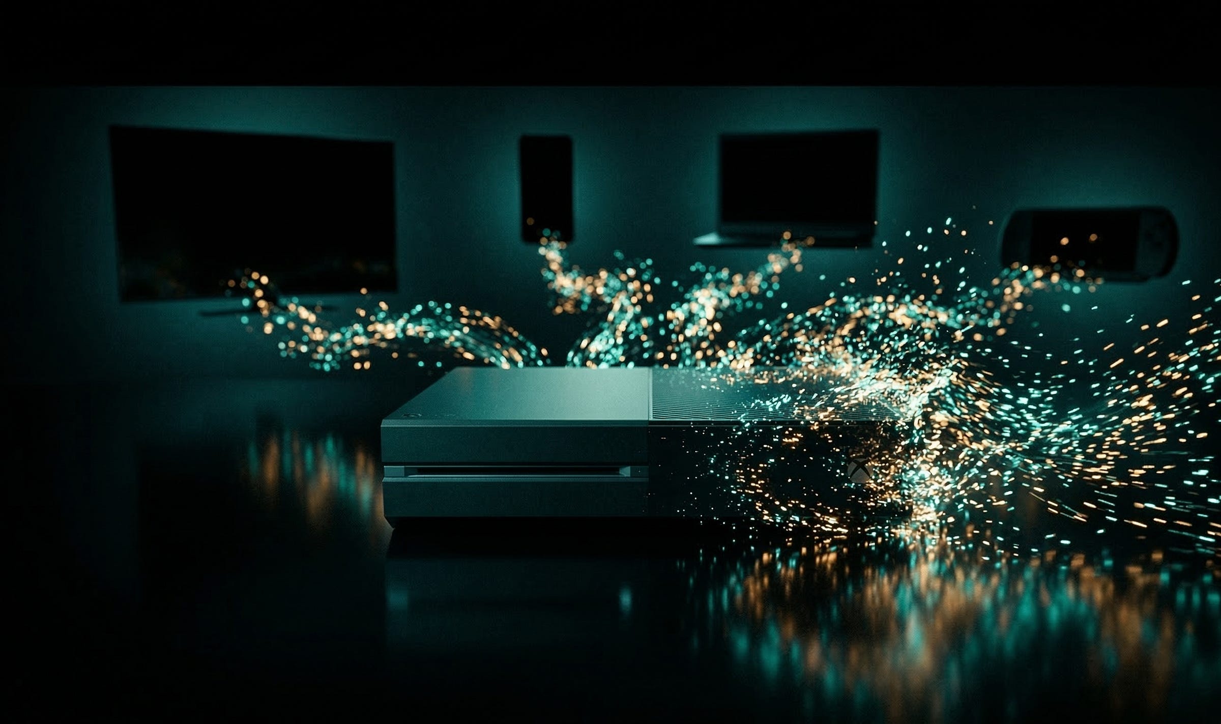 A gaming console on a dark reflective surface dissolving into teal and golden light particles that stream toward multiple screens mounted on a dark teal wall