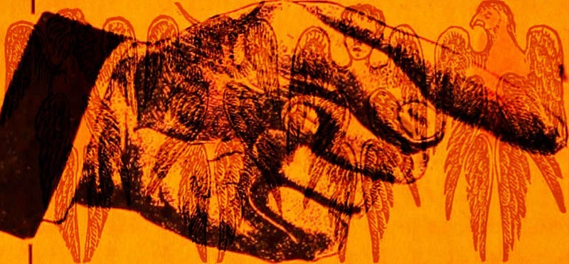 Collage of a finger pointing to angels and demons.