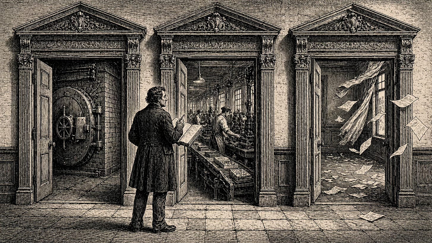 Thomas Nast engraving of a credit analyst standing before three open doors in a Victorian institutional hallway, one revealing a brick vault, one revealing a working factory, one revealing an empty room with scattered papers, illustrating the three underwriting answers to whether the brand stays, the next creator stays, or nothing stays when a creator leaves an MCN. Thomas Nast engraving of a credit analyst standing before three open doors in a Victorian institutional hallway, one revealing a brick vault, one revealing a working factory, one revealing an empty room with scattered papers, illustrating the three underwriting answers to whether the brand stays, the next creator stays, or nothing stays when a creator leaves an MCN.