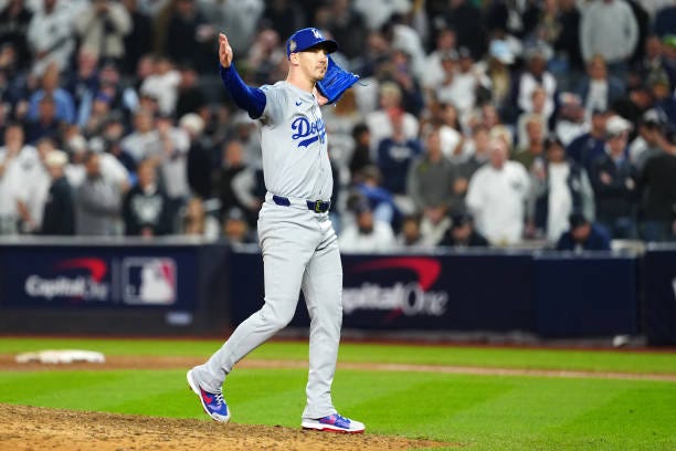 Walker Buehler of the Los Angeles Dodgers reacts after the final out in the ninth inning during Game 5 of the 2024 World Series presented by Capital...