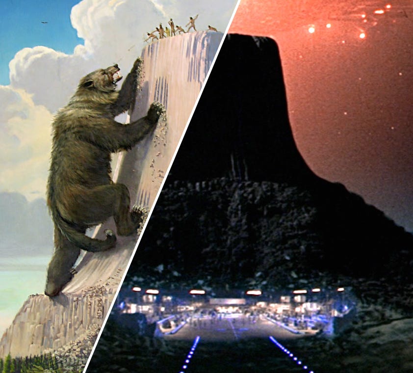 A split view of Devils tower. The left pane shows a great bear climbing the tower after some hunters at the top. The right pane shows an alien spacecraft hovering in a scene from Close Encounters of the Third Kind.