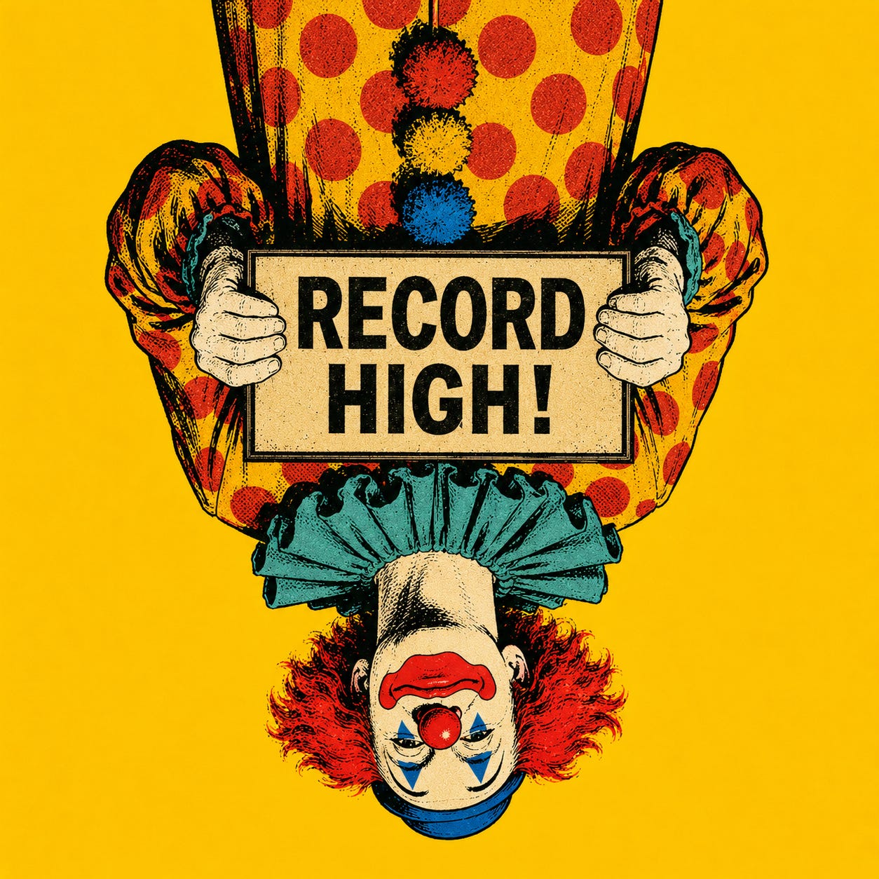A square pop-art image of a full-bodied clown turned upside down against a solid yellow background. The clown wears a bright polka-dot costume, red hair, blue face paint, and a ruffled collar while holding an upside-down sign that reads “Record High,” making the market celebration feel absurd and inverted.