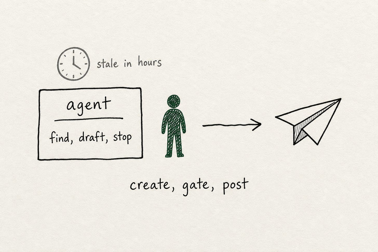 The Correspondent: create, gate, post in one run