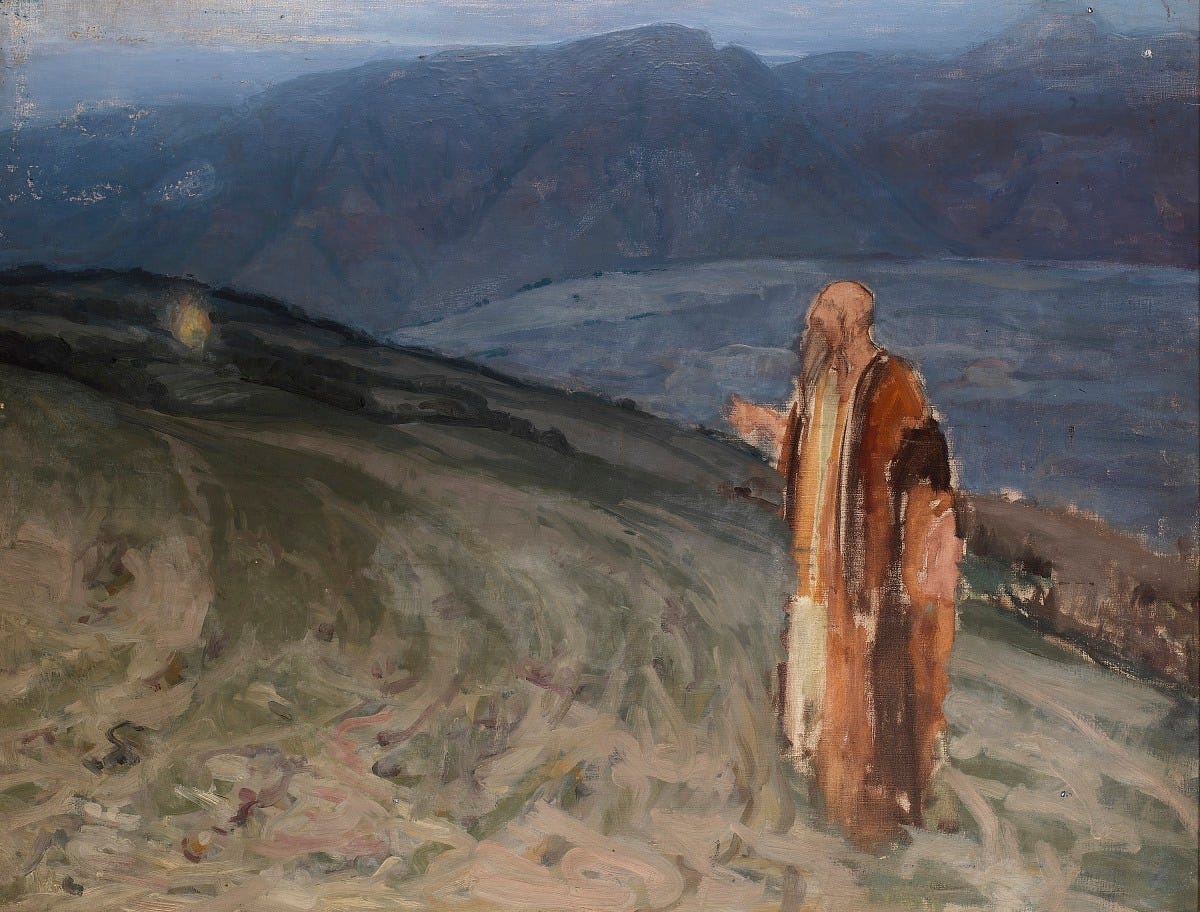 Painting of a bald Moses atop a hill seeing a burning bush in the distance near blue-gray mountains Painting of a bald Moses atop a hill seeing a burning bush in the distance near blue-gray mountains