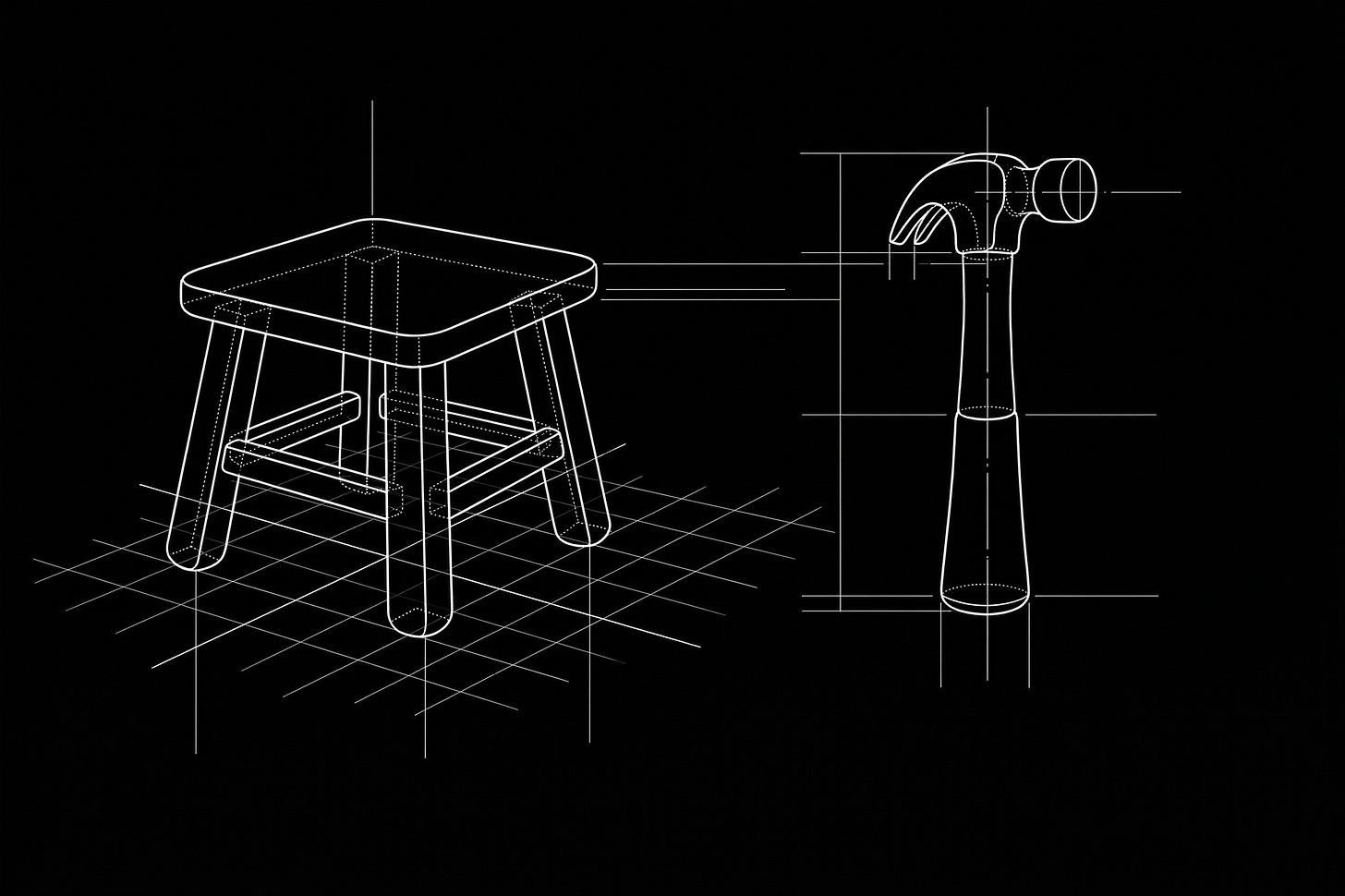 Чертеж табурета и молотка на черном фоне, с сеткой. Чертеж табурета и молотка на черном фоне, с сеткой.