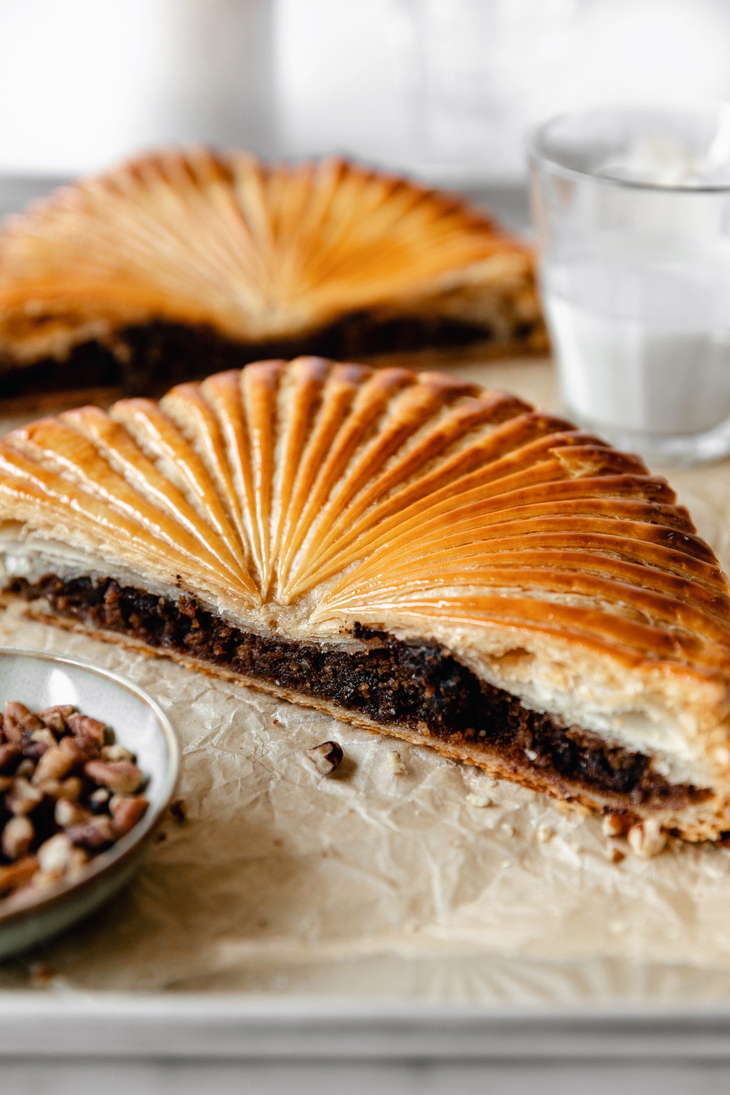 Vegan chocolate bourbon pecan pithiviers cut in half
