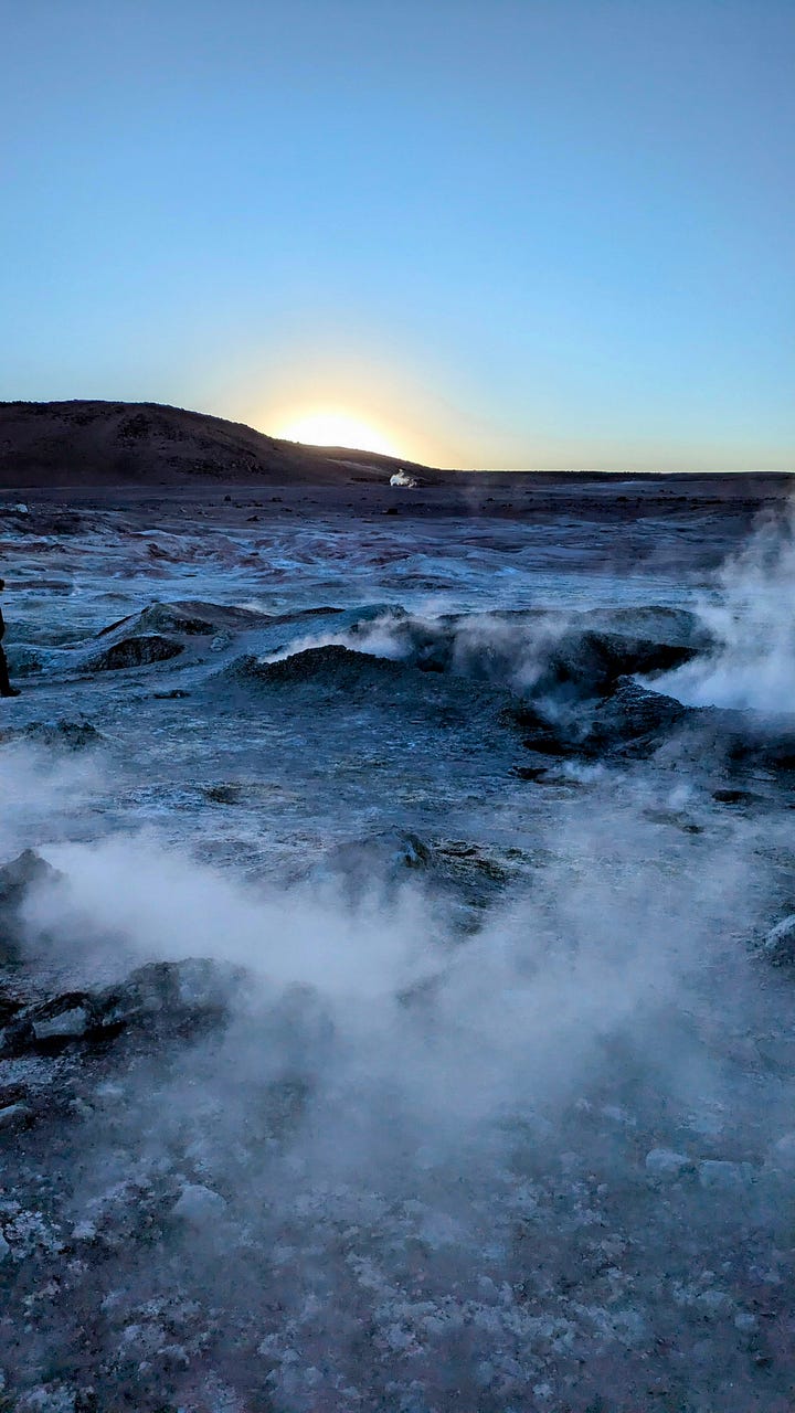 Flamingos are especially ridiculous creatures close-up (left); geysers are fine to just "step over" in Bolivia