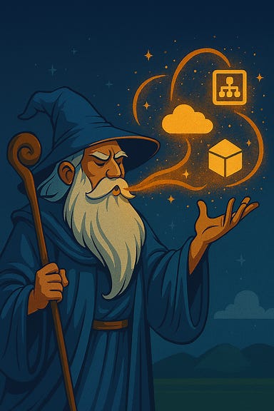 A mystical wizard standing in a glowing command-line terminal, conjuring digital infrastructure with swirling magical energy. Floating icons represent Azure resources like App Services, Storage Accounts, and Resource Groups. The wizard wears a robe with circuit patterns and holds a staff shaped like a Bicep logo. The background is a starry night sky with a faint grid overlay, symbolizing cloud architecture. Style: clean, flat illustration with a tech-fantasy vibe.